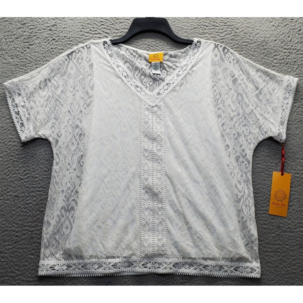Ruby Rd. Blouse Top Womens Medium White Lace Crochet Trim Short-Sleeve Pullover